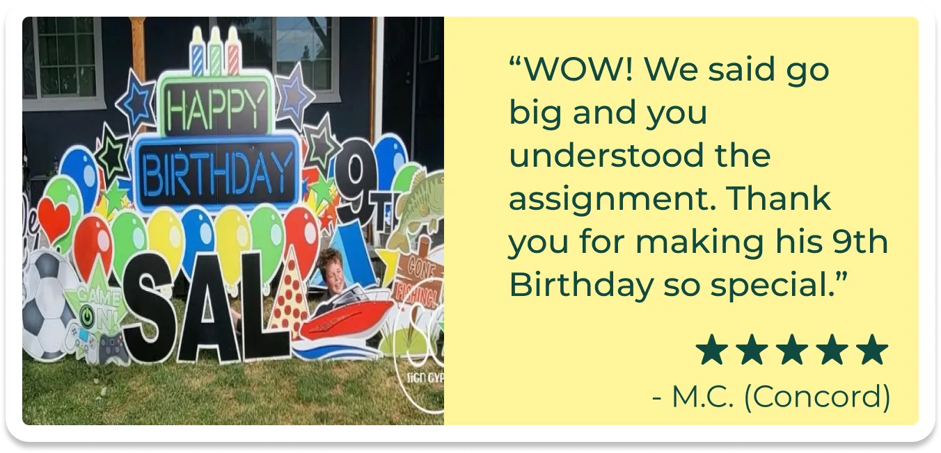 An image of a card with a picture of a boy standing beside a yard sign and text that reads "WOW! We said go big and you understood the assignment. Thank you for making his 9th Birthday so special."