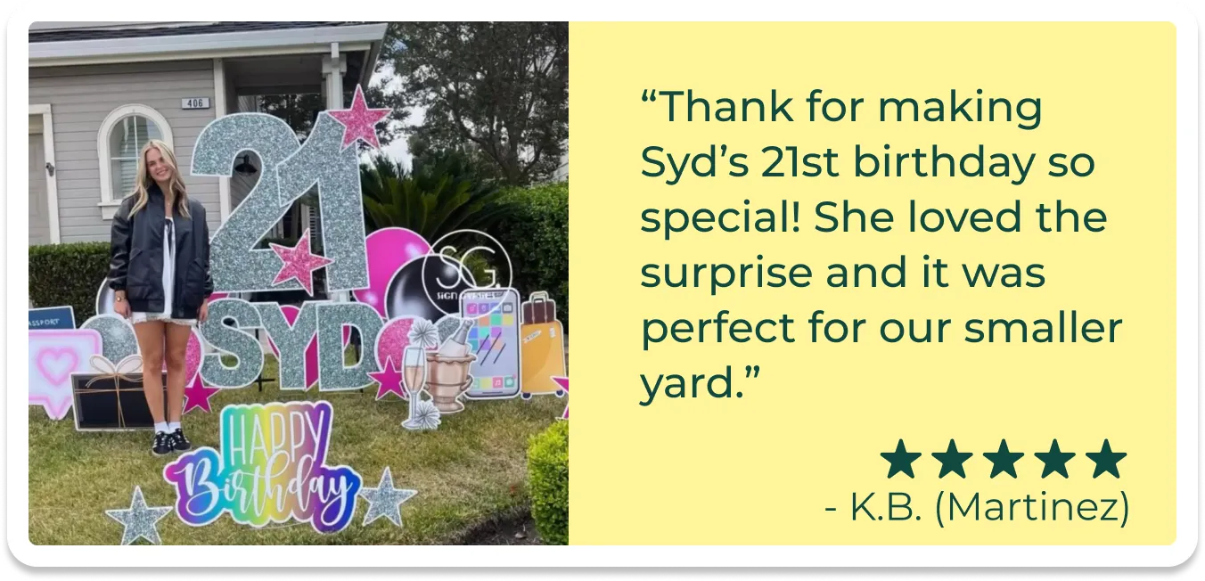 An image of a card with a picture of a girl standing in front of a birthday yard sign and text that reads "Thank you for making Syd's 21st birthday so special! She loved the surprise and it was perfect for our smaller yard."
